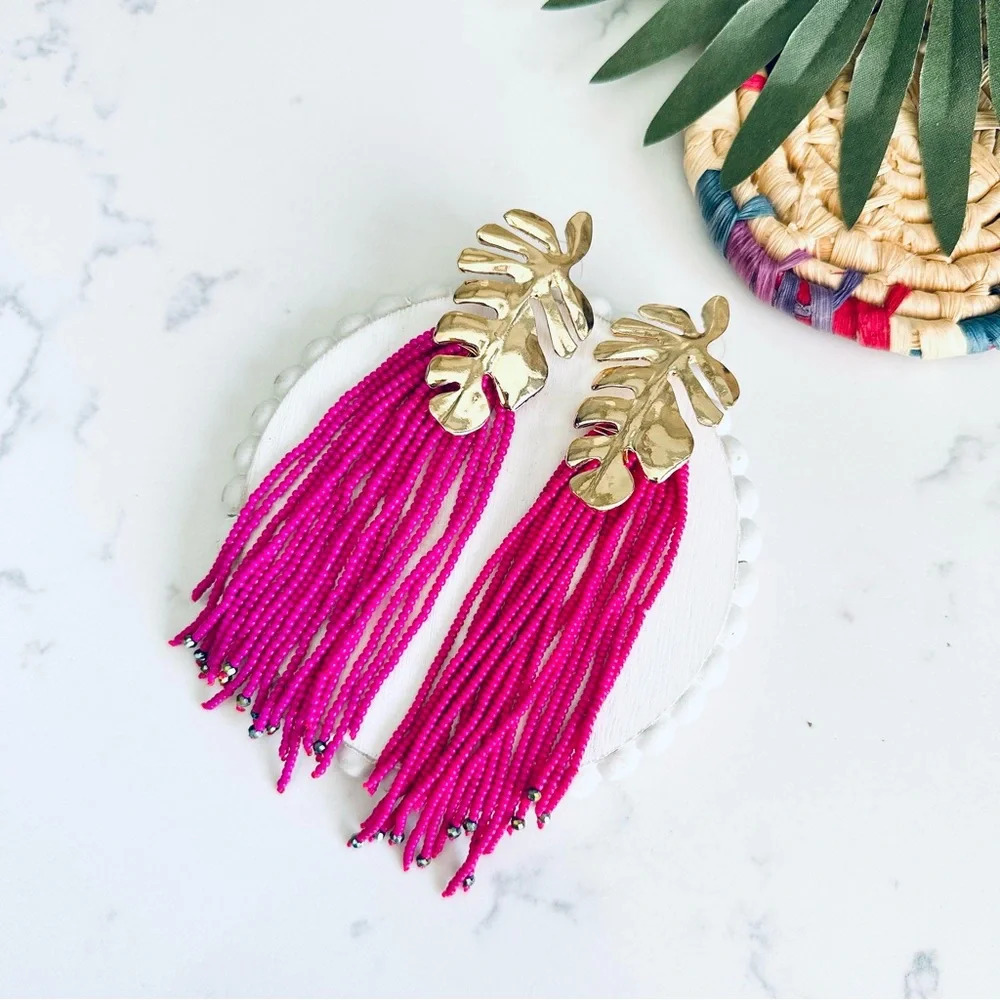 2/$30🌵 Gold Monstera Plant Leaf Pink Beaded Tassel Earrings Long Fringe Boho
